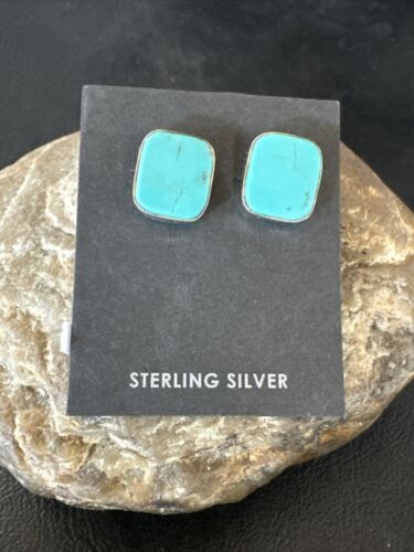 Navajo Blue Kingman Turquoise Post Stud Earrings | Sterling Silver | Authentic Native American Handmade | 17481
