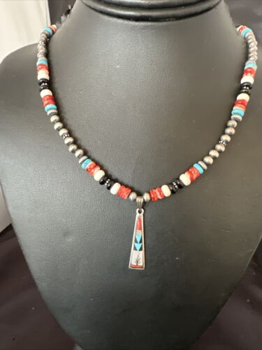 Navajo Turquoise Spiny Oyster Inlay Pendant Necklace | Sterling Silver | Authentic Native American Handmade | 13562