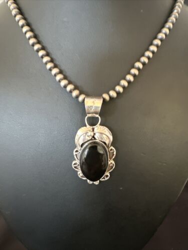 Navajo Pearls Black Onyx Necklace Pendant | Sterling Silver | Authentic Native American Handmade | 16524