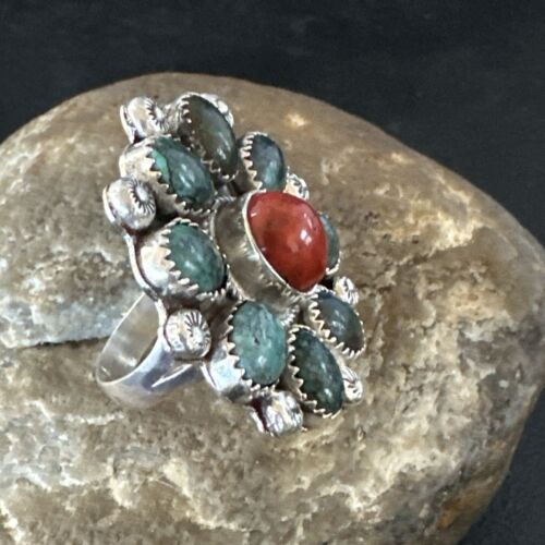 Navajo Blue Spiderweb Turquoise Coral Cluster Ring | Authentic Native American Sterling Silver | Multi-Stone | Sz 9.5 | 17182