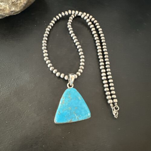 Blue Kingman Turquoise Pendant | Navajo Pearls | Sterling Silver Necklace 20" | 17009