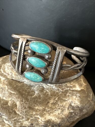 Women's Navajo Sterling Silver Cuff Bracelet | Blue Arizona Turquoise | 3 Stone | 16430