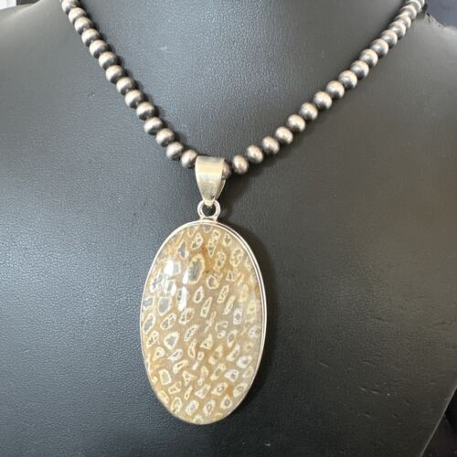 Navajo Champagne Fossil Coral Pendant Necklace | Sterling Silver Beads | Native American Handmade | 16371