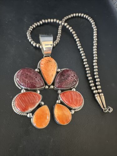 Navajo Purple Red Spiny Oyster Necklace with Naja Pendant | Sterling Silver | Native American Handmade | 14845