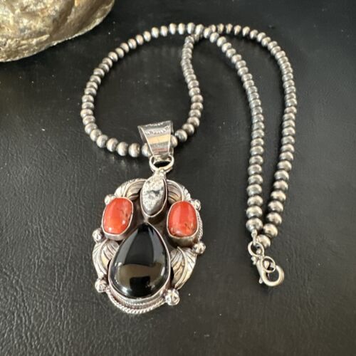 Navajo White Buffalo Coral Onyx Pearls Cluster Pendant | Sterling Silver | Native American Handmade | 15369