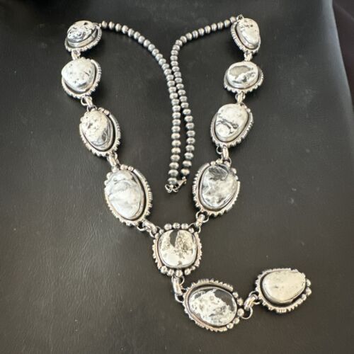 Navajo White Buffalo Turquoise Lariat Necklace | Sterling Silver | Authentic Native American Handmade | 17444