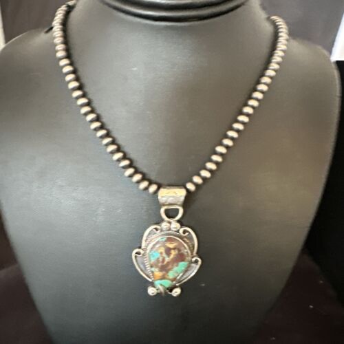 Navajo Blue Turquoise Pendant Necklace | Sterling Silver Pearls | Authentic Native American Handmade | 15649