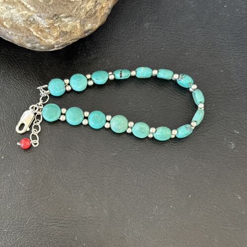 Navajo Blue Turquoise Bead Bracelet | Sterling Silver Link | 8" | Authentic Native American Jewelry | 17235
