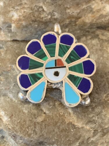 Zuni Sunface Turquoise Lapis Malachite Inlay Pendant | Sterling Silver | 1" | Authentic Native American Handmade | 1183