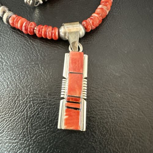 Navajo Pearls Sterling Silver Necklace with Lapis and Red Spiny Oyster Inlay Pendant | 17119