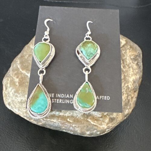Navajo Green Royston Turquoise Dangle Earrings | Sterling Silver | Authentic Native American Handmade | 16491