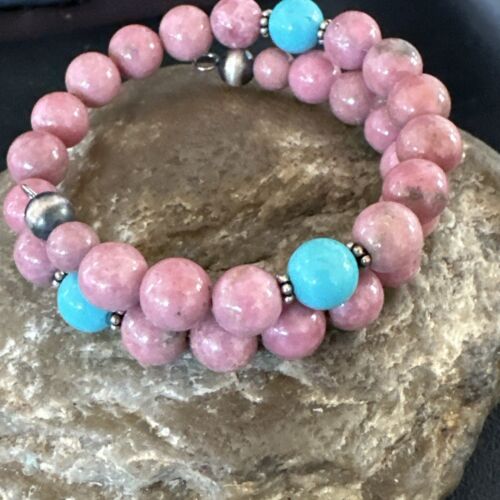 Navajo Pink Rhodochrosite Turquoise Bracelet | Stainless Steel Memory Wire | Authentic Native American Handmade | 17626