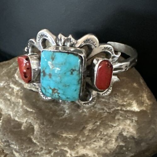 Kingman Turquoise Coral Cuff Bracelet | Navajo Tufa Cast | Sterling Silver | Authentic Native American Handmade | 16780