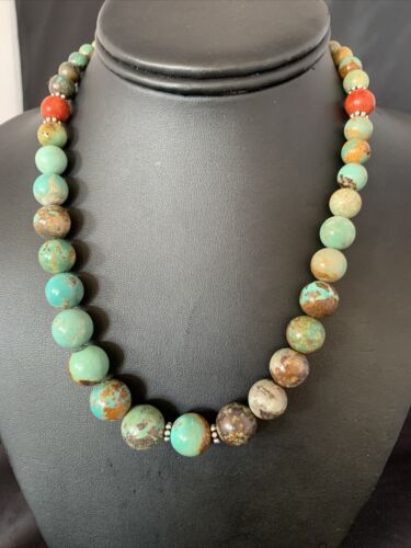 Navajo Green Turquoise & Apple Coral Graduated Necklace | Sterling Silver | Authentic Native American | 18" | 13208