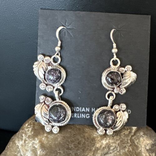 Navajo Purple Sugilite Dangle Earrings | Sterling Silver | 2" | Authentic Native American Handmade | 15693