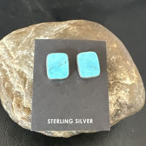 Navajo Blue Kingman Turquoise Post Stud Earrings | Sterling Silver | Authentic Native American Handmade | 17469