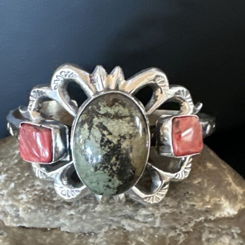 Navajo Green Turquoise & Coral Tufa Cast Cuff Bracelet | Sterling Silver | Authentic Native American Handmade | 16777