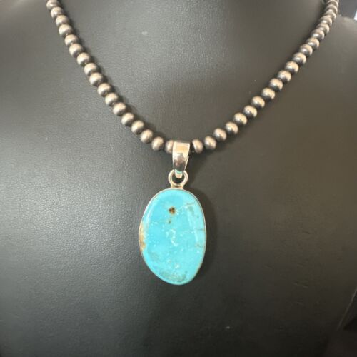 Navajo Blue Kingman Turquoise Pendant Necklace | Sterling Silver | 20" | Authentic Native American Handmade | 16692