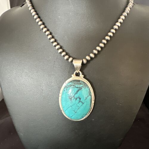 Men's Navajo Blue Spiderweb Turquoise Pendant Necklace | Sterling Silver | Authentic Native American Handmade | 16197