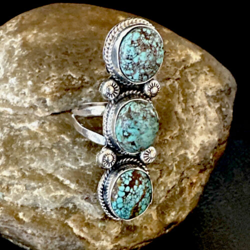 Navajo Blue Spiderweb Turquoise Multi-Stone Ring | Authentic Native American Sterling Silver | Sz 10 | 16710