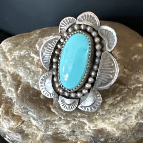Navajo Blue Kingman Turquoise Ring | Sterling Silver | Sz 7.5 | Authentic Native American Handmade | 15891