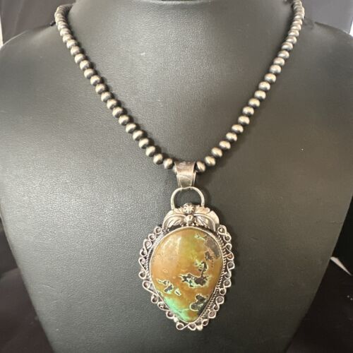Navajo Mint Green Turquoise Pendant Necklace | Sterling Silver | Authentic Native American Handmade | 15034