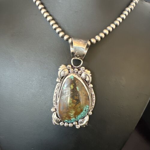 Men's Navajo Green Turquoise Pendant Necklace | Sterling Silver | Authentic Native American Handmade | 17528