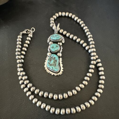 Navajo Blue Kingman Turquoise 3 Stone Cluster Pendant | Sterling Silver | Authentic Native American Handmade | 17632