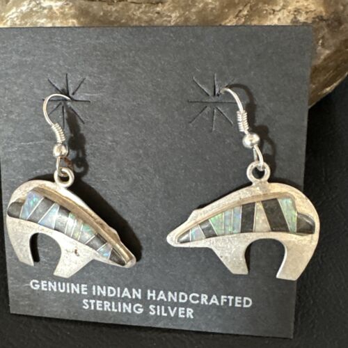 Navajo Onyx White Opal Inlay Dangle Earrings | Sterling Silver | Authentic Native American Handmade | 15352