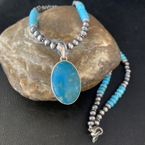 Navajo Blue Turquoise Pendant Necklace | Sterling Silver | Authentic Native American Handmade | 13867