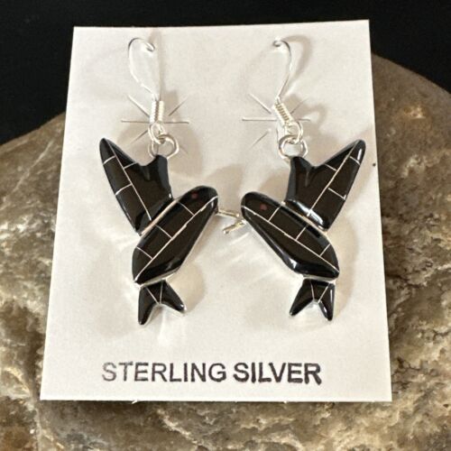 Navajo Black Onyx Hummingbird Earrings | Sterling Silver | 1" | Authentic Native American Handmade | 15090