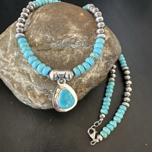 Navajo Blue Kingman Turquoise Pendant Necklace | Sterling Silver | 21" | Authentic Native American Handmade | 16933