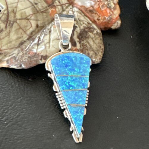 Navajo Arrowhead Blue Opal Inlay Pendant Necklace | Sterling Silver | Authentic Native American Handmade | 15677