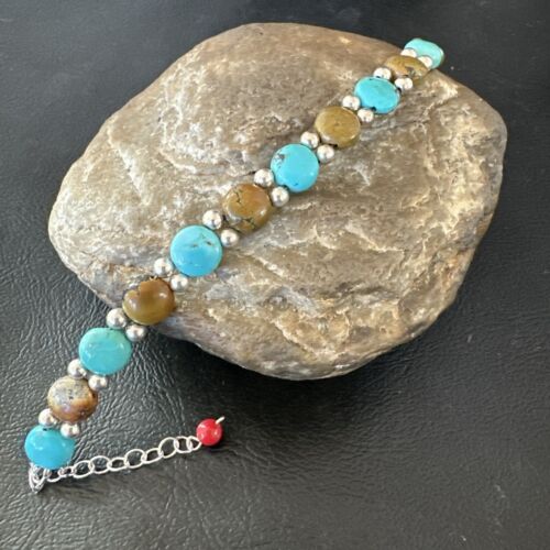 Women's Blue Turquoise Bead Bracelet | Southwestern Sterling Silver Link | 8" | 17232