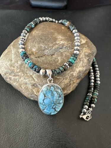 Men's Spiderweb Turquoise Pendant | Navajo Pearls Sterling Silver Necklace | Authentic Native American Handmade | 17301