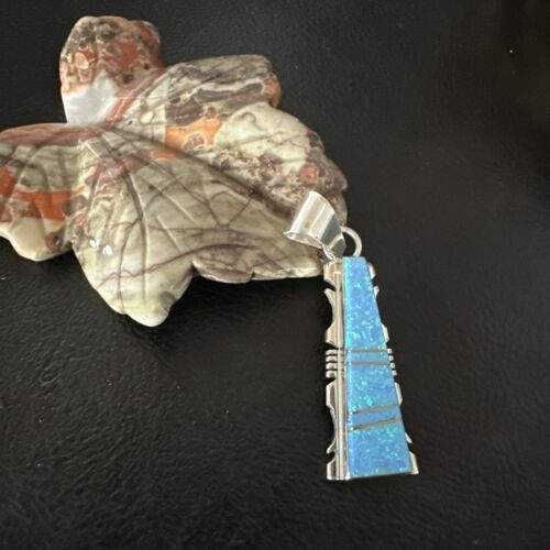 Navajo Blue Opal Inlay Pendant Necklace | Sterling Silver | Authentic Native American Handmade | 15672