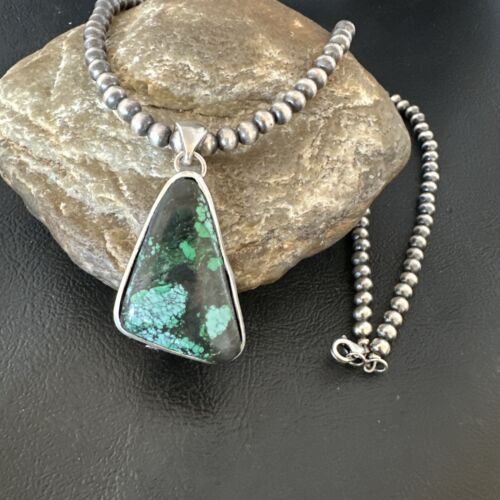 Men's Navajo Sterling Silver Necklace Pendant | Green Spiderweb Turquoise | Authentic Native American Handmade | 16215