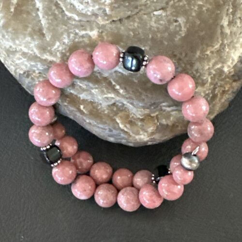 Navajo Pink Rhodochrosite Memory Wire Bracelet | Stainless Steel | Authentic Native American Handmade | 17623