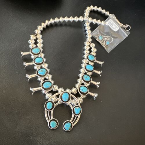 Navajo Kingman Turquoise Shadowbox Squash Blossom Necklace | Sterling Silver | 17" | 16111