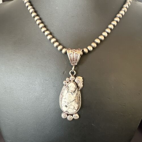 Navajo White Buffalo Turquoise Pendant Necklace | Sterling Silver | Authentic Native American Handmade | 17514