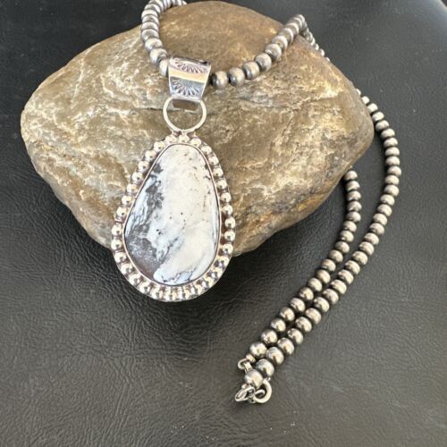 White Buffalo Turquoise Pendant | Navajo Pearls Sterling Silver Necklace | Authentic Native American Handmade | 17108