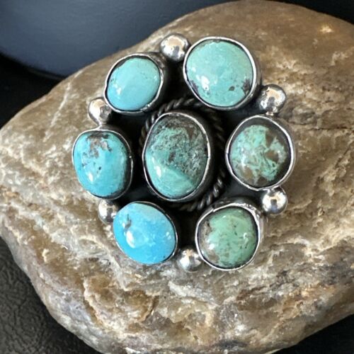 Navajo Blue Turquoise Cluster Ring | Authentic Native American Sterling Silver | Multi-Stone | Sz 9 | 17645