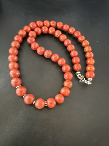 Navajo Apple Sponge Coral Bead Necklace | 10mm | Sterling Silver | 21" | Authentic Native American Handmade | 16817