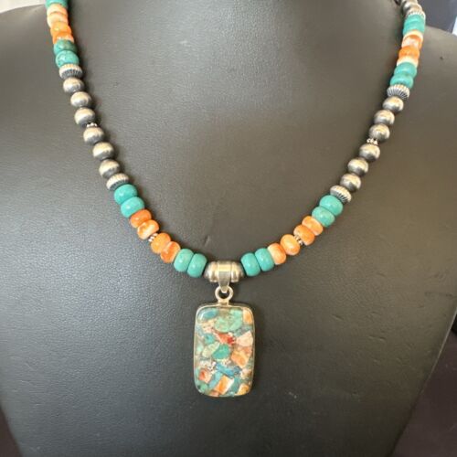 Navajo Spiny Turquoise Pendant Necklace | Sterling Silver | 22" | Authentic Native American Handmade | 17431