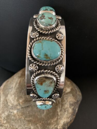 Navajo Blue Royston Turquoise 5 Stone Cuff Bracelet | Sterling Silver | Authentic Native American Handmade | 01383