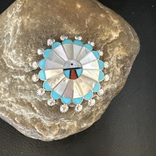Zuni Sunface Inlay Turquoise Mother of Pearl Pin Pendant | Sterling Silver | Authentic Native American Handmade | 15208