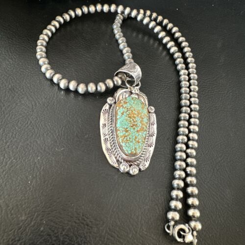 Navajo Blue Turquoise #8 Pendant | Sterling Silver Necklace with Pearls | Authentic Native American Handmade | 15904