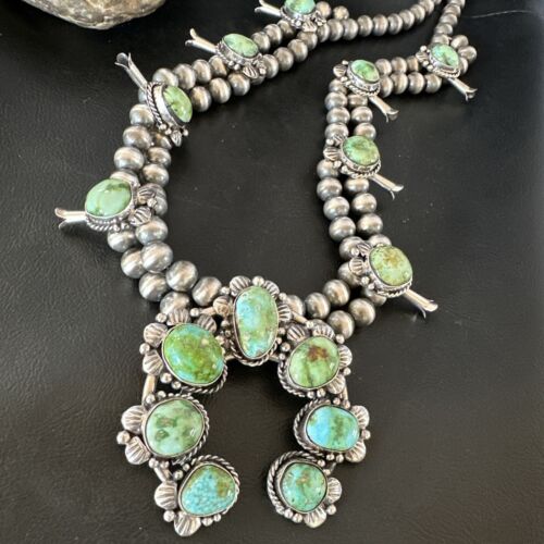 Navajo Green Sonoran Gold Turquoise Squash Blossom Necklace Pendant | Sterling Silver | Native American Handmade | 16546