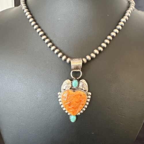 Navajo Spiny Oyster Heart | Turquoise Pendant Necklace | Sterling Silver | Authentic Native American Handmade | 16457