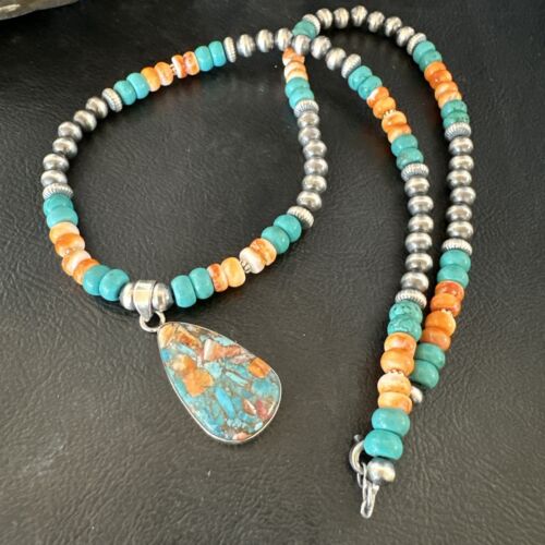 Navajo Spiny Turquoise Pendant Necklace | Sterling Silver | 21" | Authentic Native American Handmade | 17519